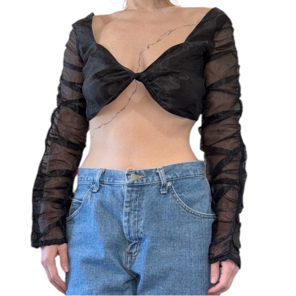 Lioness Black Sheer Twist-Front Long Sleeve Crop Top